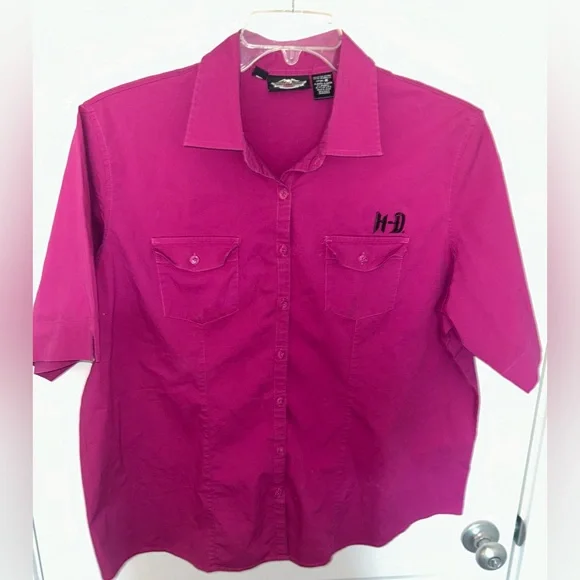 Women’s Harley Davidson Short Sleeve Fuscia Button Up Shirt Size 2W - Picture 2 of 10